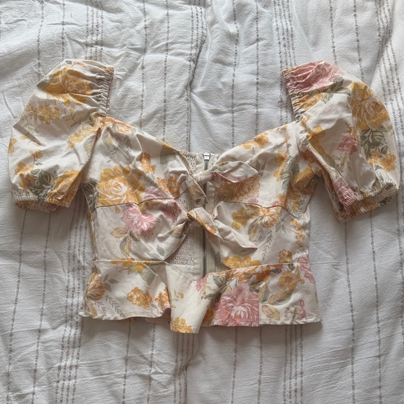 Wayf Tops - Wayf Floral Tie-Front Puff Sleeve Top - Cream with Yellow & Pink